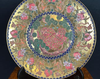 Vintage Chinese Cloisonné Enamel Plate 10" – Foo Lions, Floral & Fruit Motif, Gilt Brass, Rich Color Detail