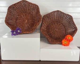 Vintage Wicker Basket Pair – Flower Shaped Woven Rattan Bowls – Cottage Farmhouse Boho Decor