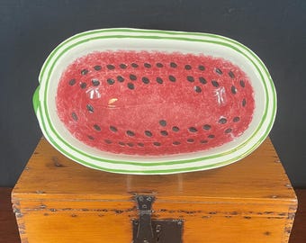 Vintage Watermelon Serving Bowl – Hand Painted Oval Fruit Bowl 13 1/2", Summer Table & Entertaining Decor