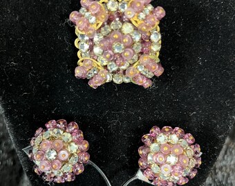RARE Gorgeous SANDOR Rhinestone and Lavender Bead Antique Brooch and Earring Set- Pre 1955 Markings