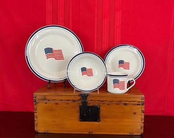 America’s Table American Flag Dinnerware Set – 4 Piece Patriotic Ceramic Place Setting