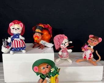 Vintage Annalee Mobilitee Dolls – Holiday Mice Collection – Valentine, Patriotic Americana, Harvest Turkey, St Patricks Shamrock – Tagged