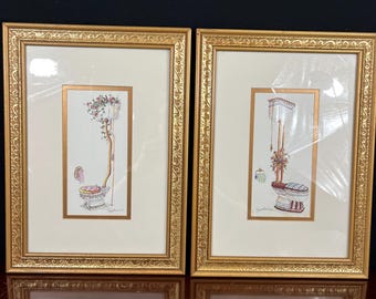Vintage Peggy Abrams Framed Prints – Sinks & Thrones Bathroom Art, Set of 2, Whimsical Powder Room Decor