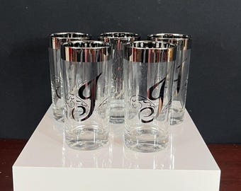 Set of 5 Vintage Dorothy Thorpe Monogram Letter "J"  Silver Highball Glasses - Vintage MCM Barware Cocktail Glasses
