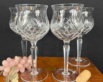 Vintage Bohemian Cut Crystal Tulip Glasses Set of 4 – Thumbprint Base, Faceted Stem, Mid-Century European Stemware