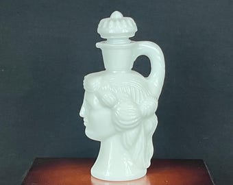 Vintage 1970s Avon "Grecian Pitcher"  Milk Glass Bottle – Skin So Soft Decanter with Stopper, Retro Vanity Decor