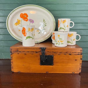May include: A vintage floral-themed ceramic dish set. The set includes a large oval platter, a pitcher, and four mugs. The white pieces are decorated with orange, yellow, and purple flowers and green leaves. The platter has a green border. The set is displayed on a wooden chest.