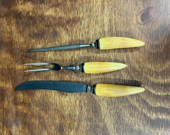 Antique Landers Frary Clark Aetna Three Piece Carving Set -  Carving Knife, Fork and Sharpening Honing Steel with Silver Ferrules