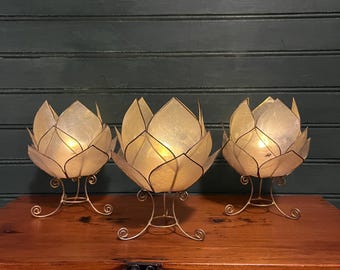 Vintage Capiz Shell Lotus Candle Holder – Hollywood Regency Votive, Coastal Boho Decor, Brass Tone Floral Accent - Sold Individually