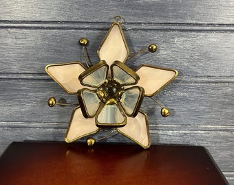 Vintage Stained Glass Flower Suncatcher – Frosted Petals with Subtle Blue Hues, Brass Frame, Spring Window Decor
