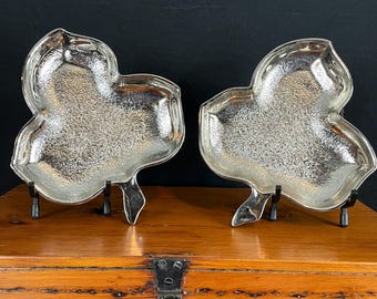 Pair Vintage Murano Style Art Glass Leaf Dishes – Smoky Black Aventurine Sparkle Catchall Trays