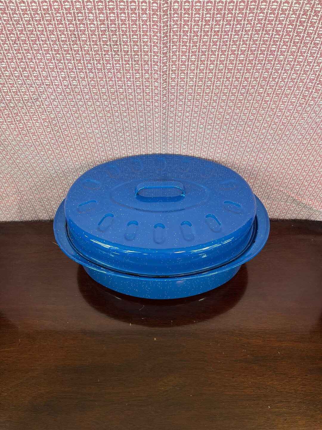 Vintage Royal Blue Speckled Enameled Roasting Pan With Lid Retro