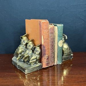 Vintage Jennings Brothers  Graduating Owl Brass Bookends - “Scholarly Owls” - Mid Century Decor
