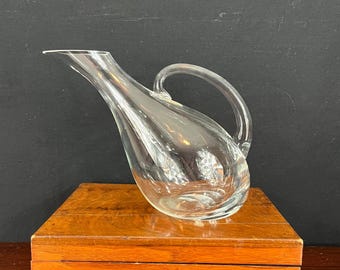 Vintage Hand Blown Glass Wine Decanter – Clear Glass Carafe with Applied Handle – Elegant Barware for Entertaining