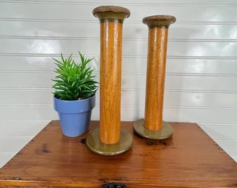 Vintage Wooden Textile Mill Bobbins – Set of 2 Industrial Spools, 11" Tall, Farmhouse Decor, Rustic Sculptural Accents