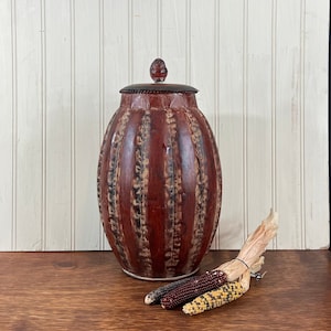 Vintage Lidded Tin Gourd Container – Rustic Metal Storage with Acorn Finial – Farmhouse or Modern Rustic Decor – 12 1/2&quot; Tall