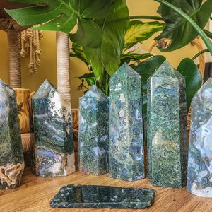 Large moss agate healing crystal towers