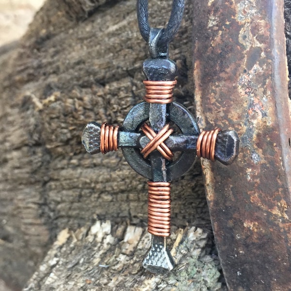 Horseshoe Nail Celtic Cross Pendant, Copper Wire Wrapped