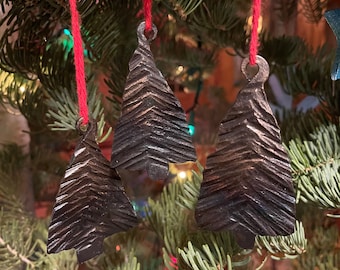 Set of three hand forged Christmas tree ornaments