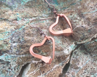 Handmade Copper Horseshoe Nail Heart Earrings, Western Jewelry