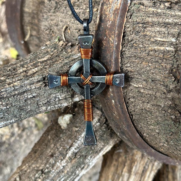 Handmade Horseshoe Nail Celtic Cross Pendant, Rustic Copper Wire