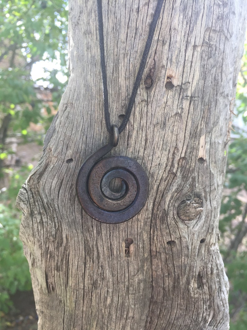 May include: A brown metal spiral pendant necklace on a black cord, hanging from a weathered tree branch.