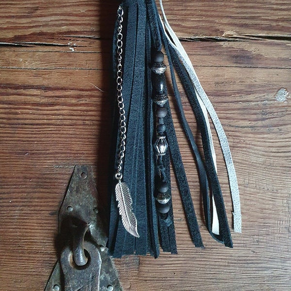 Fringe Purse Accessory  black Leather Tassel, Purse Tassel, Boho Leather, Ready to Ship, leather and bead keyring