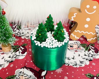 Christmas tree and snow green Swarovski Crystal Custom Spice Grinder 4 Piece 55mm W/ Cleaning Tool stocking stuffer stoner gift
