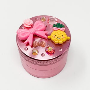 Pink Herb Grinder Pink Bow Kawaii Pineapple Custom Spice Grinder 4 Piece 55mm W/ Cleaning Tool