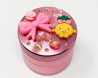 Pink Herb Grinder Pink Bow Kawaii Pineapple Custom Spice Grinder 4 Piece 55mm W/ Cleaning Tool