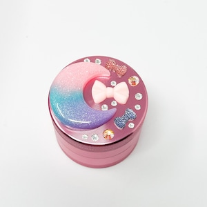 Pink Herb Grinder Rainbow Crescent Moon  Bows Custom Spice Grinder 4 Piece 55mm W/ Cleaning Tool