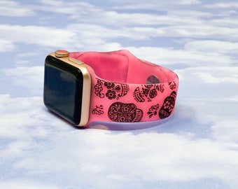 Day of the Dead Glow In The Dark Engraved Silicone Apple Watch Band 38/40 42/44 4 colori disponibili