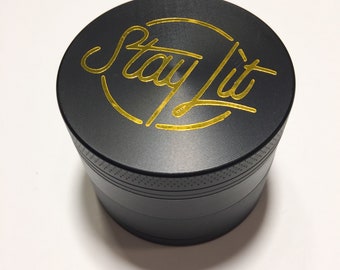 Herb Grinder Gold Foil StayLit Custom Black Spice Grinder 4 Piece 55mm W/ Cleaning Tool