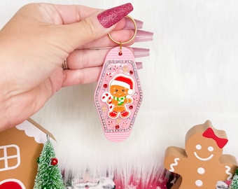 Bling Christmas Gingerbread motel key keychain cute pink keychain rhinestone retro gift christmas gift stocking stuffer FREE SHIPPING