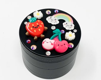 Cute Kawaii Fruit Rainbow Swarovski Crystal Black Herb Grinder Custom Spice Grinder 4 Piece 55mm W/ Cleaning Tool