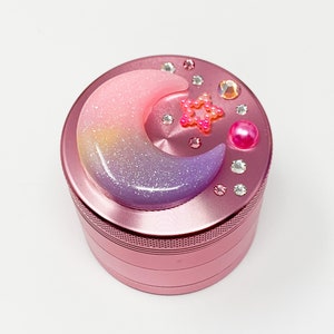 Pink Herb Grinder Pink Purple Crescent Moon Custom Spice Grinder 4 Piece 55mm W/ Cleaning Tool