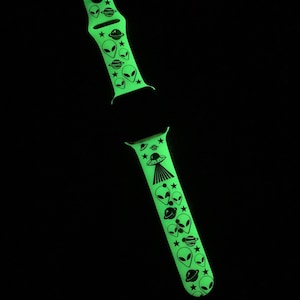Space Aliens Glow In The Dark Engraved Silicone Apple Watch Band 38/40 42/44 16 colors available