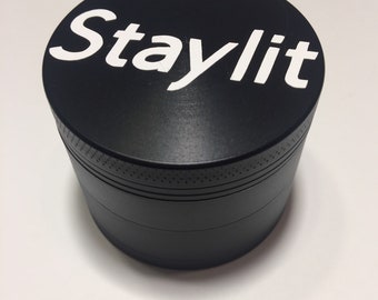 Herb Grinder White Font Black StayLit Custom Spice Grinder 4 Piece 55mm W/ Cleaning Tool