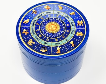Blue Herb Grinder Zodiac Signs Astrology Custom Spice Grinder 4 Piece 55mm W/ Cleaning Tool