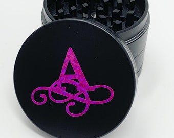 Herb Grinder Initial Monogram Swirl Fusia Holographic Custom Spice Grinder 4 Piece 55mm W/ Cleaning Tool