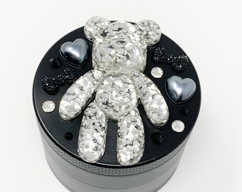 Black Herb Grinder BearBrick Silver Glitter Swarovski Crystal Custom Spice Grinder 4 Piece 55mm W/ Cleaning Tool