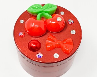 Herb Grinder 4 Piece Zinc Alloy Red Cherries Bow Swarovski Crystal Pearls Spice 55m Grinder W/ Cleaning Tool