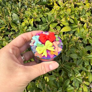 以下が含まれることがあります： 手に持たれた、小さくて丸い虹色のグラインダー。グラインダーの上部には、赤、黄、青、ピンクのカラフルなリボンが飾られています。グラインダーは緑の葉に囲まれています。