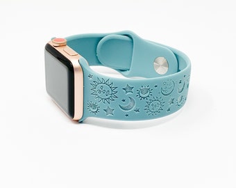 Moon Sun and Stars Engraved Silicone Apple Watch Band 38/40 42/44 16 Celestial
