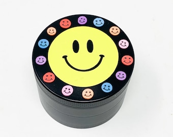 Herb Grinder Rainbow Smiley Face Custom Spice Grinder 4 Piece 55mm W/ Cleaning Tool