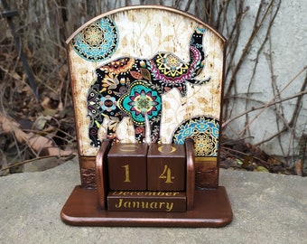 Elephant gift,Perpetual block Calendar,Wooden Desk accessories, A handmade gift