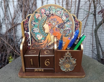 Alphonse Mucha,Wooden Perpetual block Calendar, Desk accessories, A handmade gift for the mother