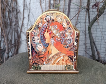 Alphonse Mucha,wooden  napkin holder vintage,Decoupage box, Gift for girl