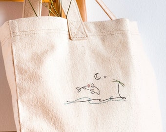 Summer Tote Bag. Sea Hand Embroidered Canvas bag. Palm Tree Book bag. Minimalistic Grocery bag.