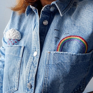 Hand Embroidered Denim Shirt. ‘No Rain, No Rainbow Hand Embroidered Overshirt. Womens Oversized Denim Jacket.